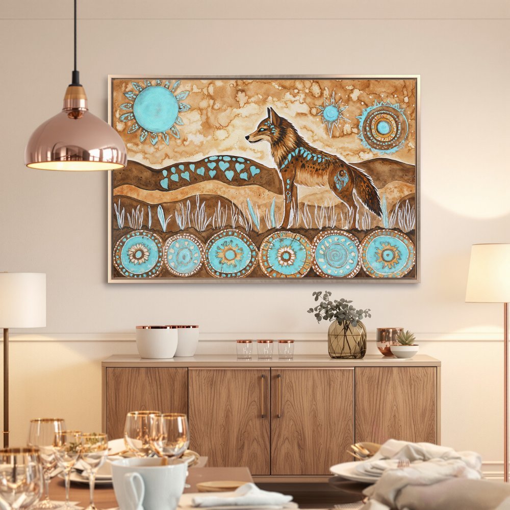 Framed Wall Art: Southwestern-style coyote art in turquoise and brown tones. Elevate your space with this unique Canvas Print.