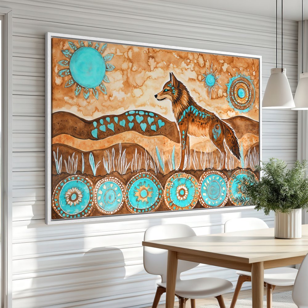 Framed Wall Art featuring a stylized wolf in turquoise and brown tones. Add a touch of Southwestern style to your home with this unique Canvas Print.
