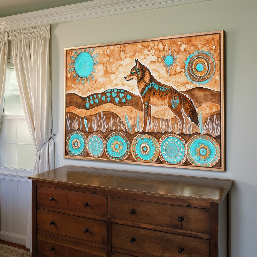 Framed Wall Art featuring a watercolor coyote in earthy tones with turquoise accents. Southwestern style Canvas Print for home decor.