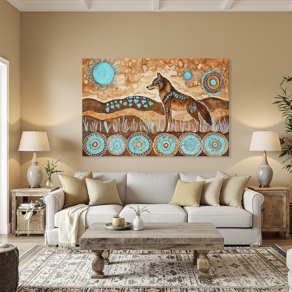 Framed Wall Art featuring a stylized wolf in turquoise and brown tones. Perfect for adding a touch of Southwestern style to your home.