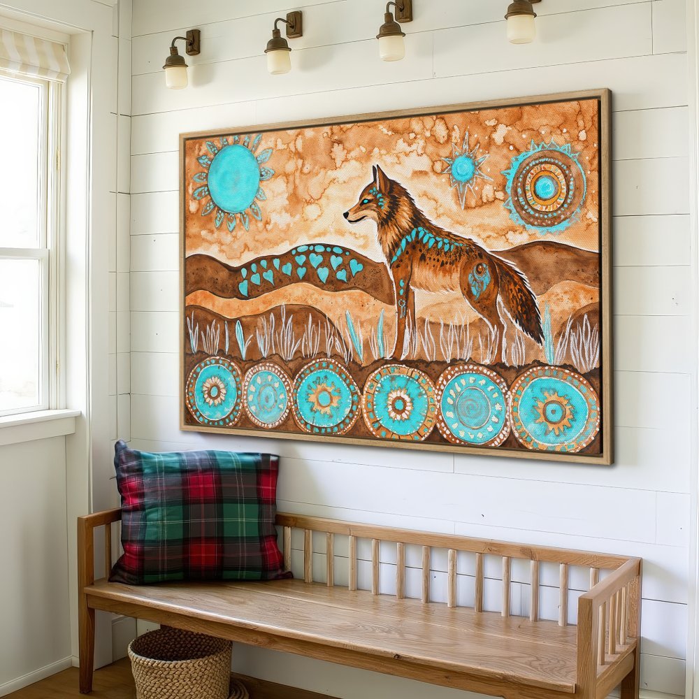 Framed Wall Art featuring a coyote in a watercolor style with a warm, earthy palette and turquoise accents. Perfect for rustic home decor.