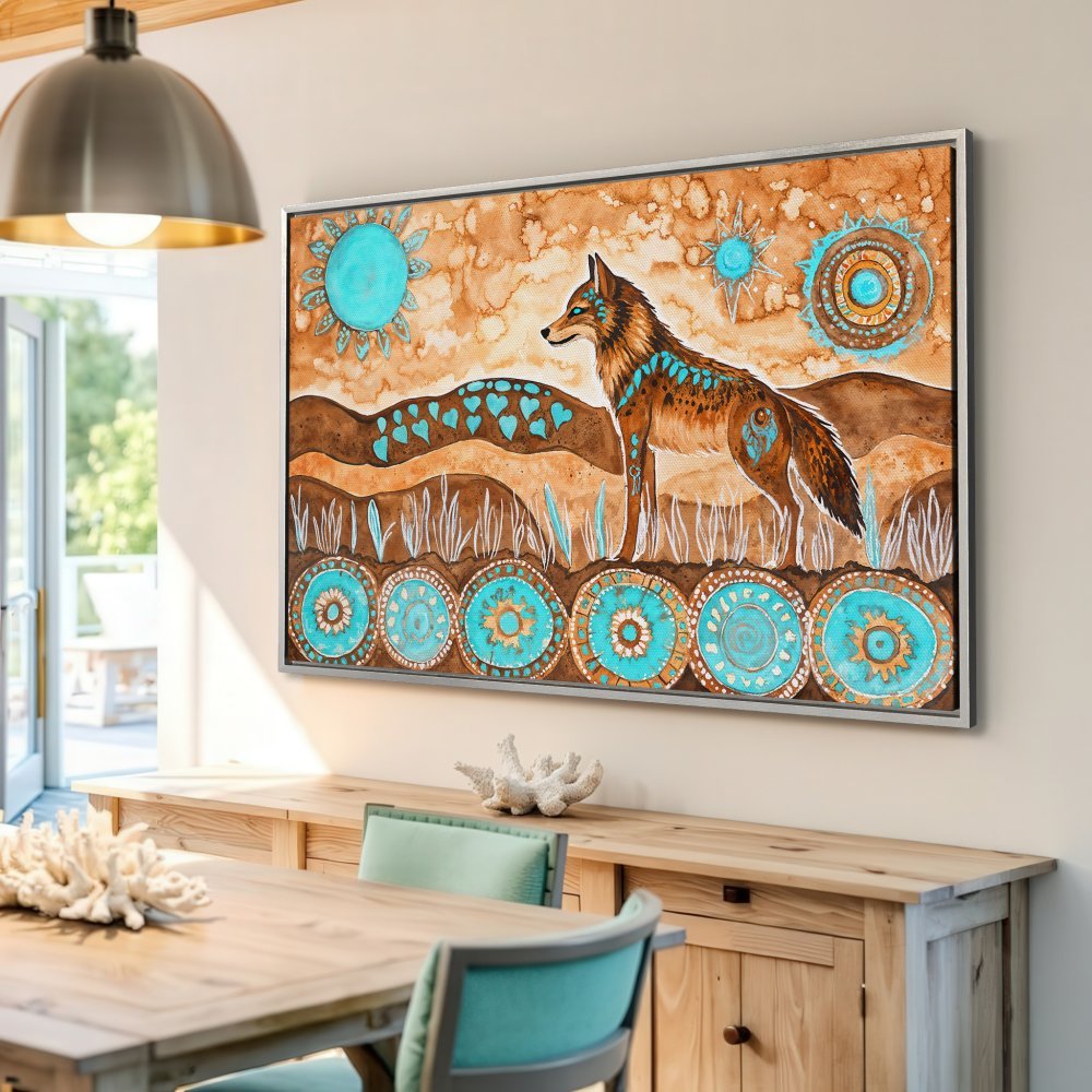 Framed Wall Art: Watercolor coyote print with turquoise and brown color palette. Boho style Canvas Print for living room decor.