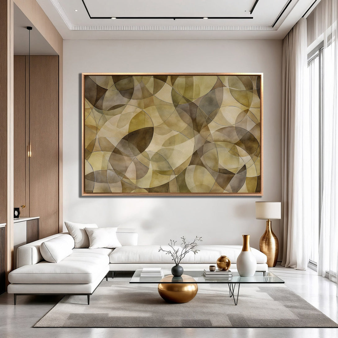 Framed Wall Art featuring an abstract geometric design in neutral earth tones. Modern art for living room decor.