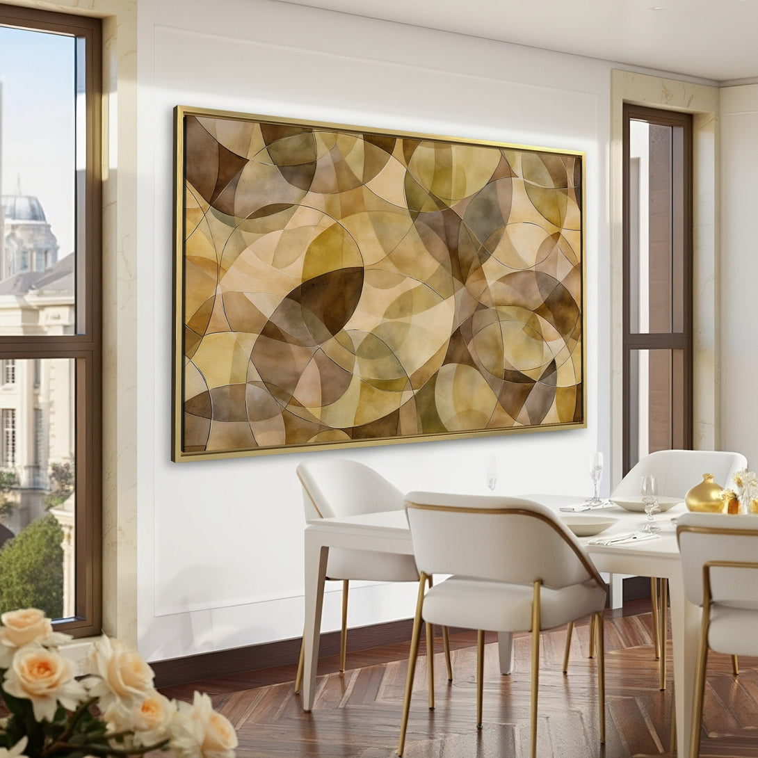 Abstract Canvas Print in warm earth tones. Modern wall art for home decor. Stylish geometric design in a luxurious interior setting.