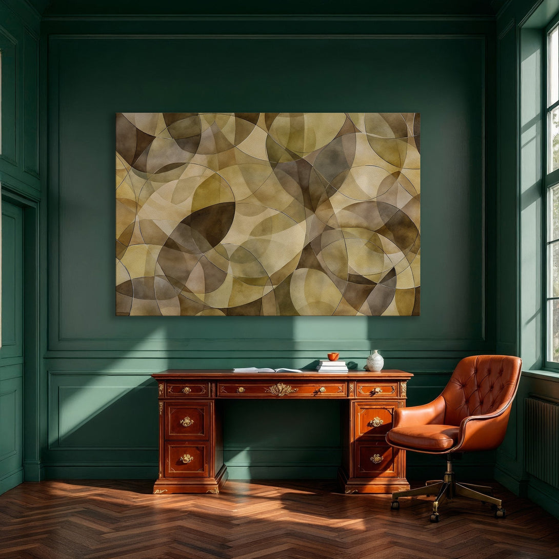 Framed Wall Art: Abstract geometric canvas print in warm earth tones. Perfect for dining room decor. Elevate your space with modern art!