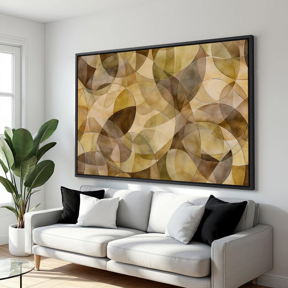 Framed Wall Art: Abstract geometric art in warm earth tones. Modern canvas print adds a touch of elegance to any living room. Shop now!