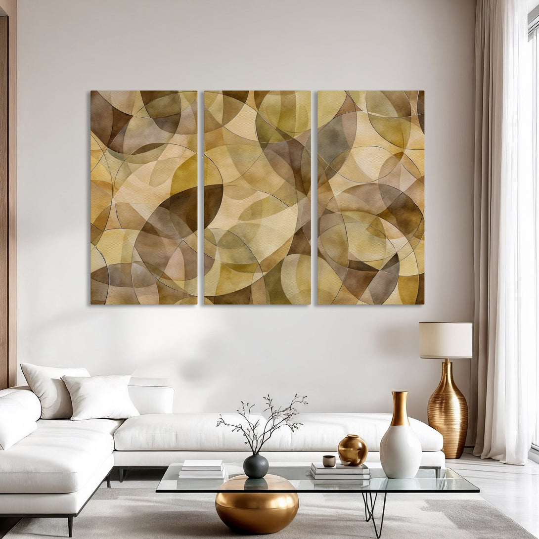 Abstract Canvas Print artwork in warm earth tones. Modern geometric design with brown, beige, and gold color palette. Perfect for living room decor.