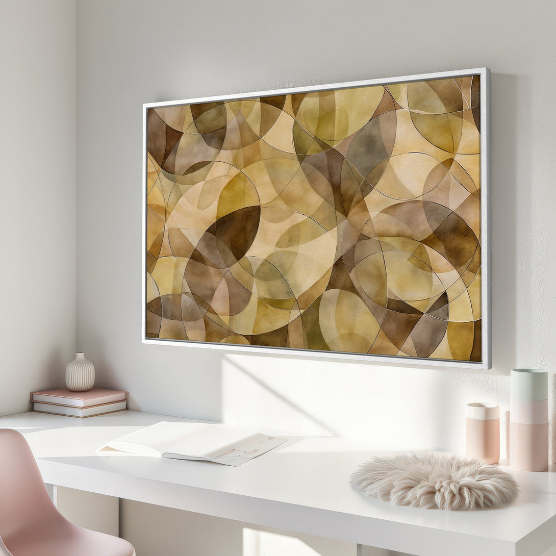 Framed Wall Art featuring an abstract geometric design in warm earth tones. Perfect for adding a touch of modern elegance to your home decor.