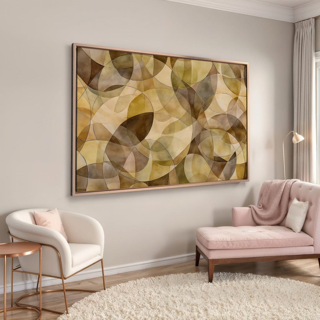 Framed Wall Art: Abstract geometric canvas print in warm earth tones. Modern art for living room decor. Enhance your space with stylish wall art.
