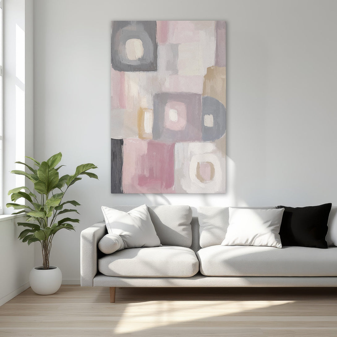 Framed Wall Art: Abstract painting in blush, gray, and neutral tones. Modern art canvas print adds elegance to bedroom decor. Shop now!