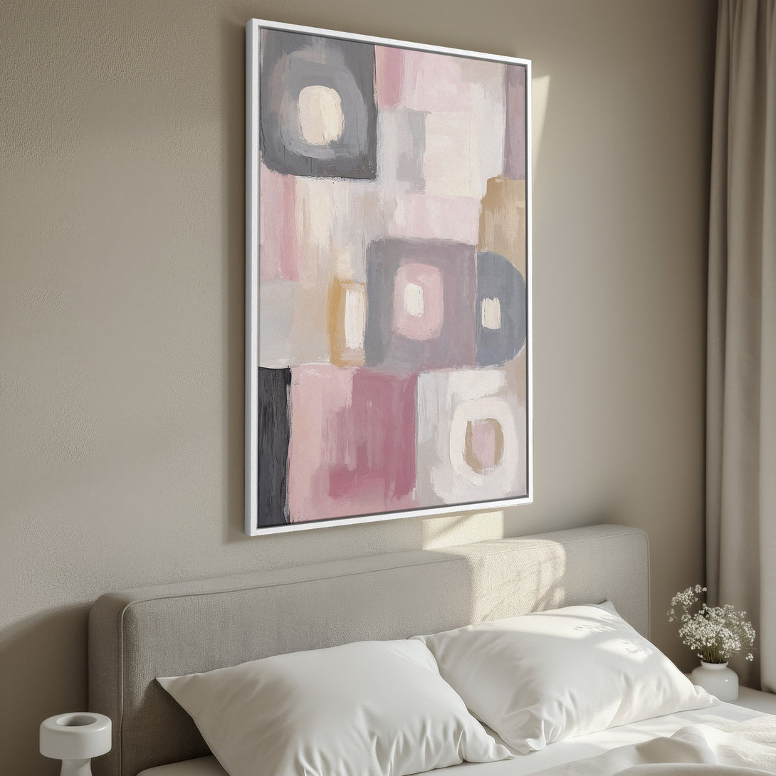 Framed Wall Art: Abstract painting in a bedroom. Modern art with pink, gray, and neutral color palette. Perfect for adding a touch of elegance to any space.