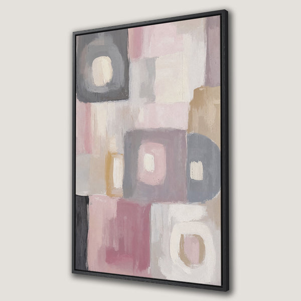 Framed Wall Art: Abstract geometric canvas print in blush, gray, and neutral tones. Modern art for home decor, perfect for adding a touch of elegance.