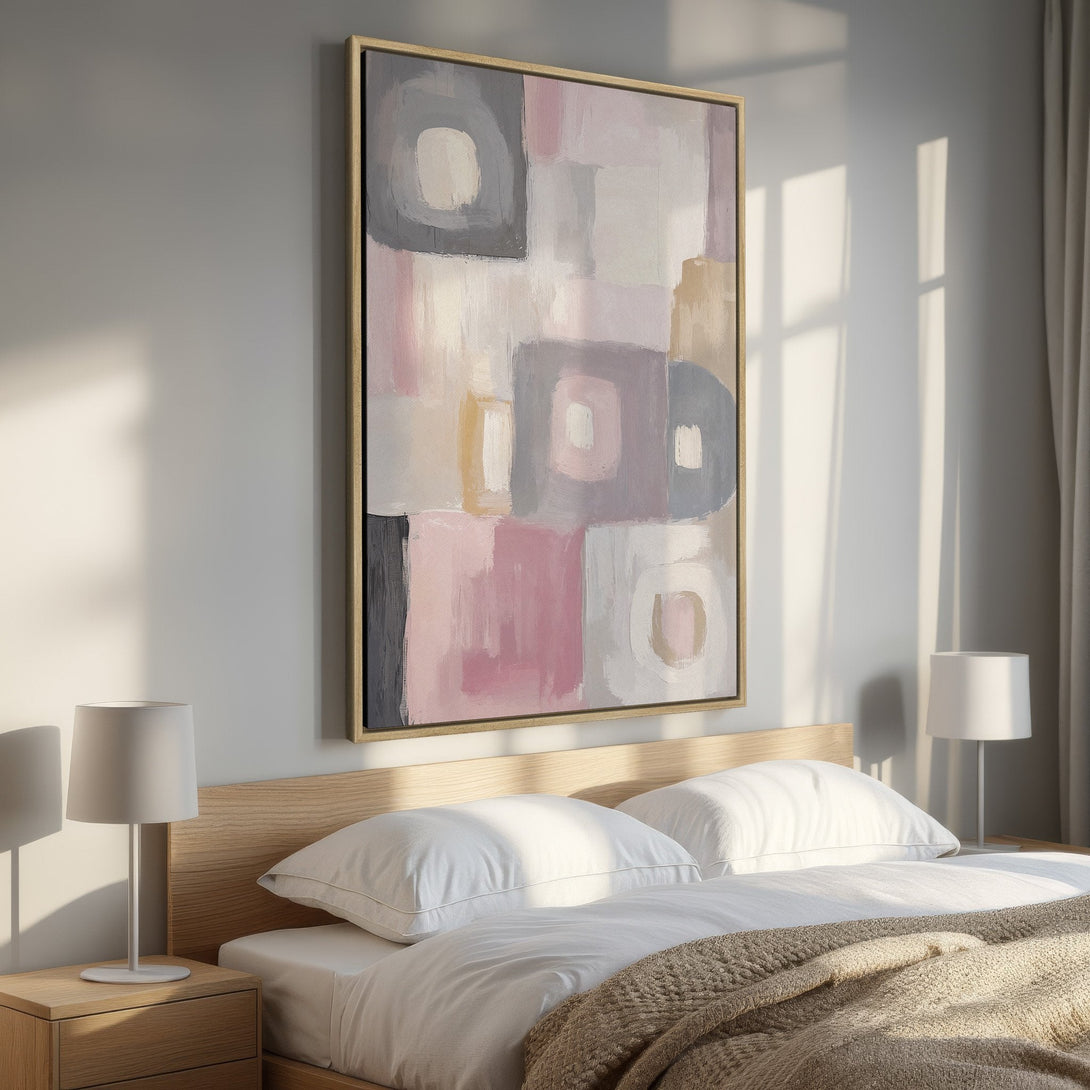 Framed Wall Art: Abstract geometric art in soft pink, gray, and beige tones. Modern canvas print adds a touch of elegance to any bedroom decor.