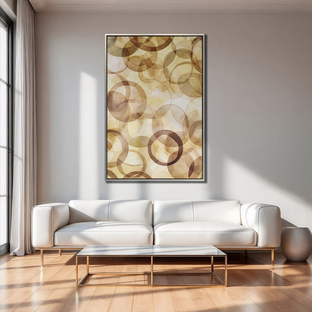 Framed Wall Art: Abstract circles in warm brown tones. Modern Canvas Print adds a touch of elegance to any interior.