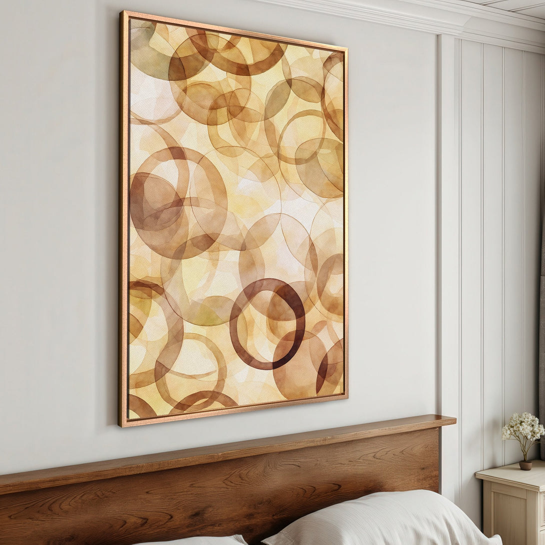 Framed Wall Art featuring abstract watercolor circles in warm brown and yellow tones. Modern decor for a cozy bedroom.