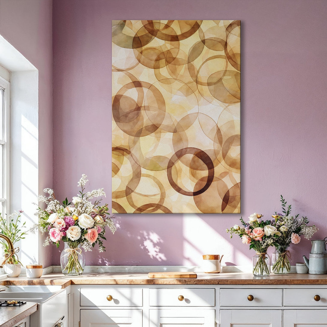 Framed Wall Art: Abstract circles in warm brown and beige tones. Modern art canvas print adds a touch of elegance to any interior.