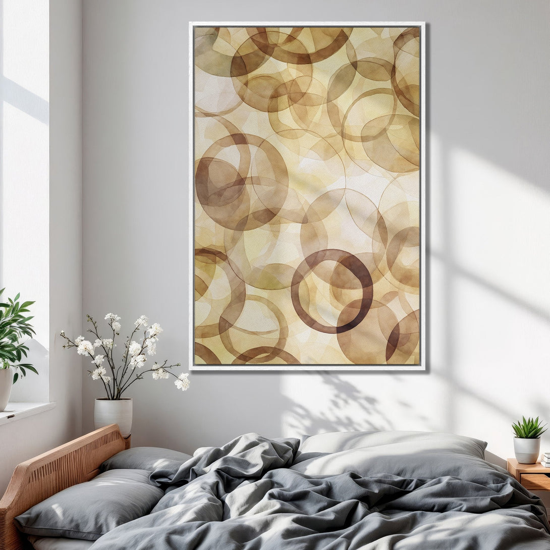 Framed Wall Art featuring abstract watercolor circles in warm brown and beige tones, perfect for bedroom decor.