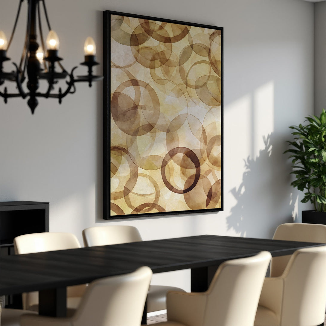 Framed Wall Art featuring abstract circles in warm brown and beige tones. Modern art perfect for dining room decor.