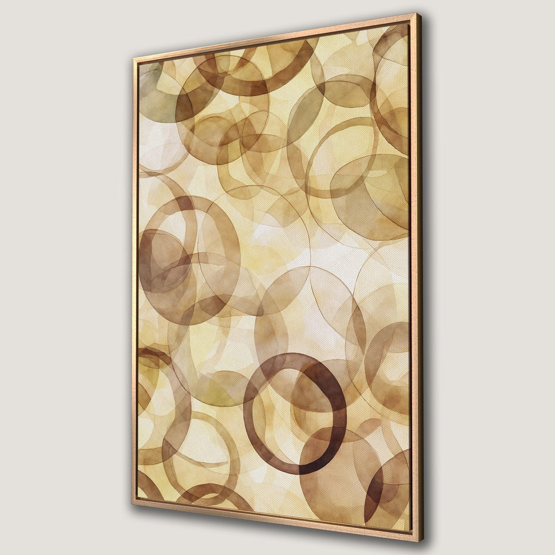 Framed Wall Art featuring abstract watercolor circles in warm brown and beige tones. Modern art for your home decor, perfect for adding a touch of elegance.