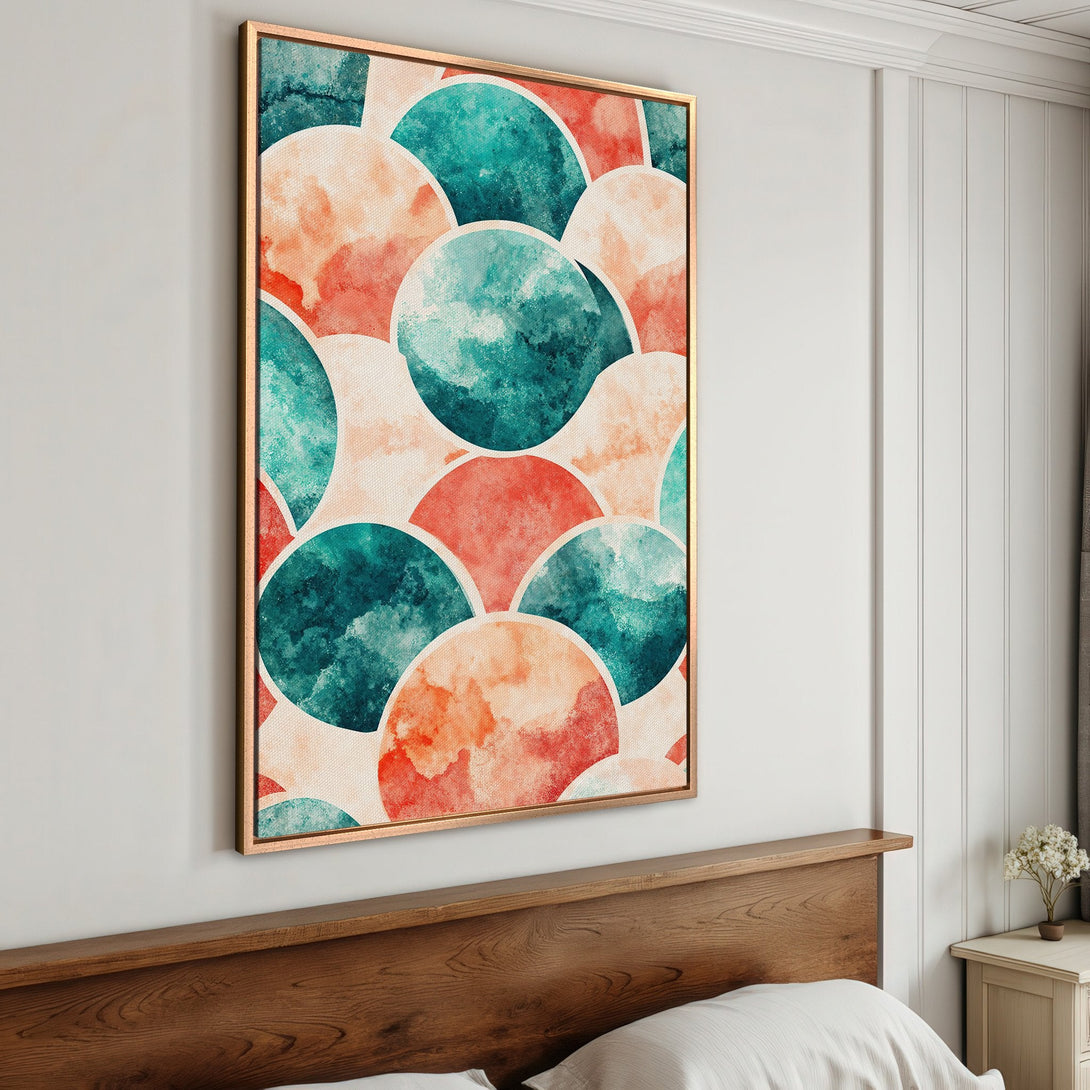 Framed Wall Art: Abstract watercolor circles in teal, coral, and peach. Modern art canvas print for bedroom decor.