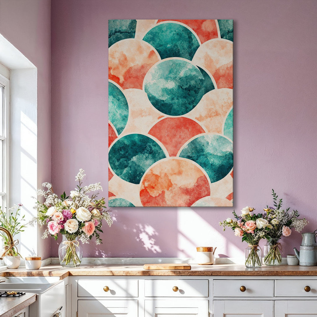 Framed Wall Art: Abstract watercolor circles in teal, coral, and beige. Modern art print adds a pop of color to any living room.