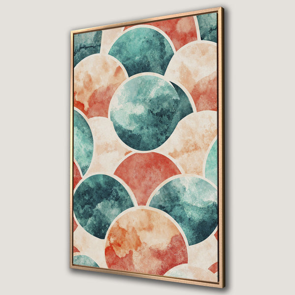 Framed Wall Art featuring a watercolor abstract pattern in teal, coral, and beige. Modern canvas print for stylish home decor.