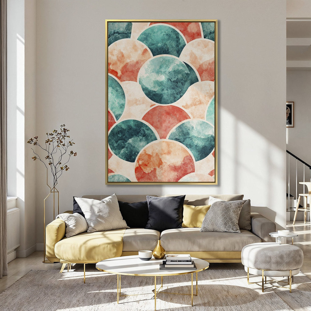 Canvas Print featuring an abstract watercolor design in teal, coral, and peach. Modern art perfect for adding a pop of color to any space.