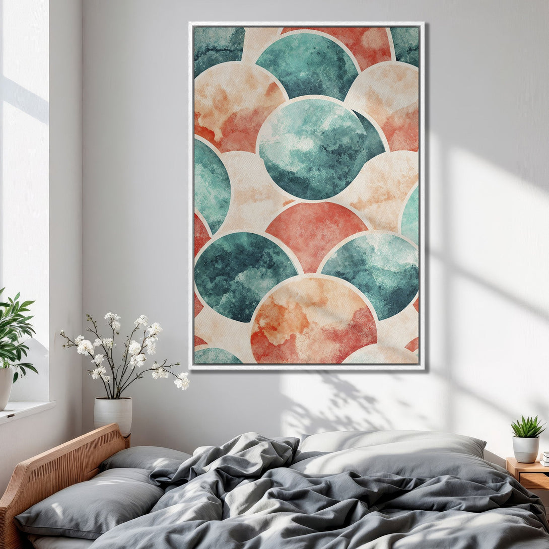 Framed Wall Art: Abstract watercolor circles in teal, coral, and beige. Modern Canvas Print adds a pop of color to any bedroom decor.