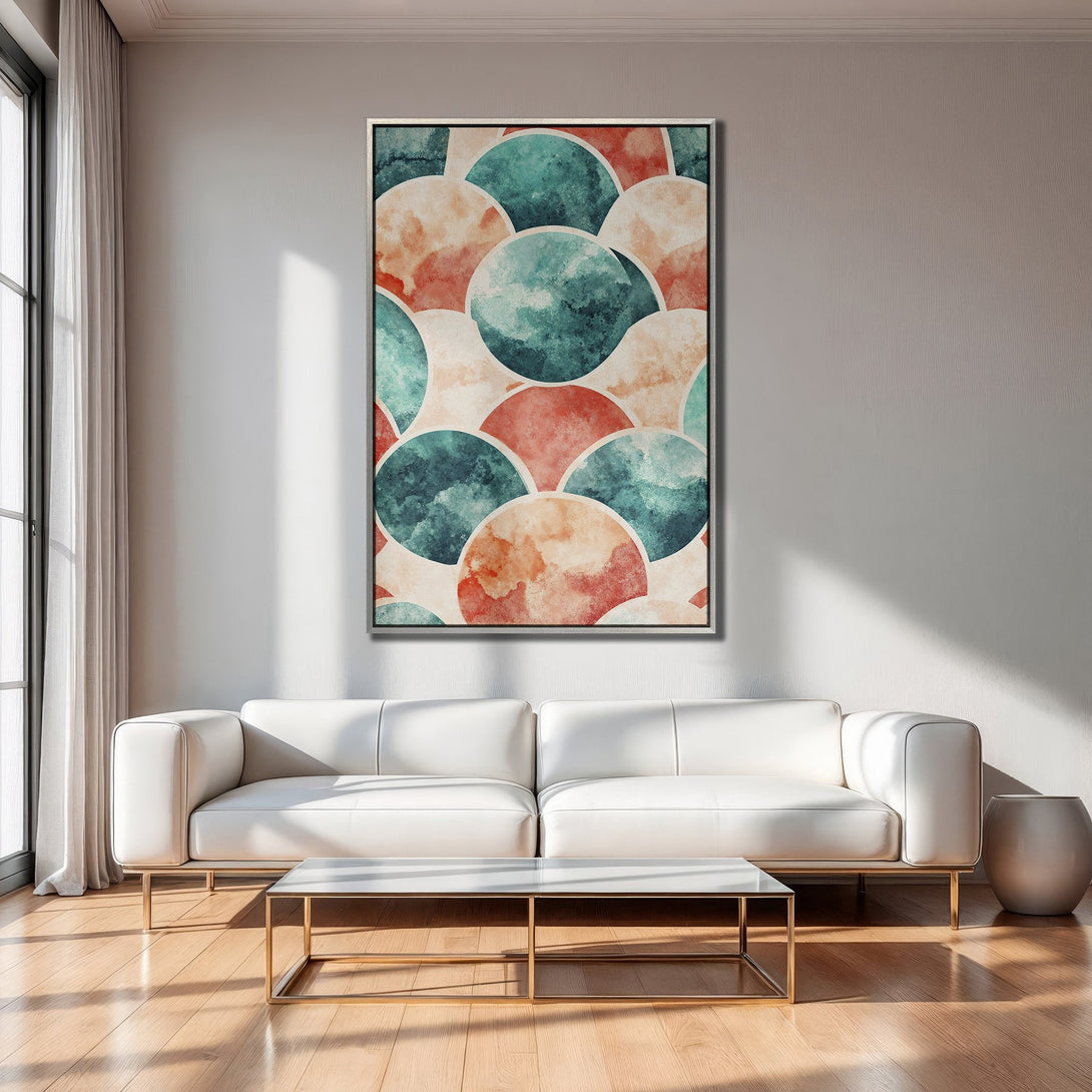 Framed Wall Art: Abstract watercolor circles in teal, coral, and beige. Modern art print for stylish home decor.