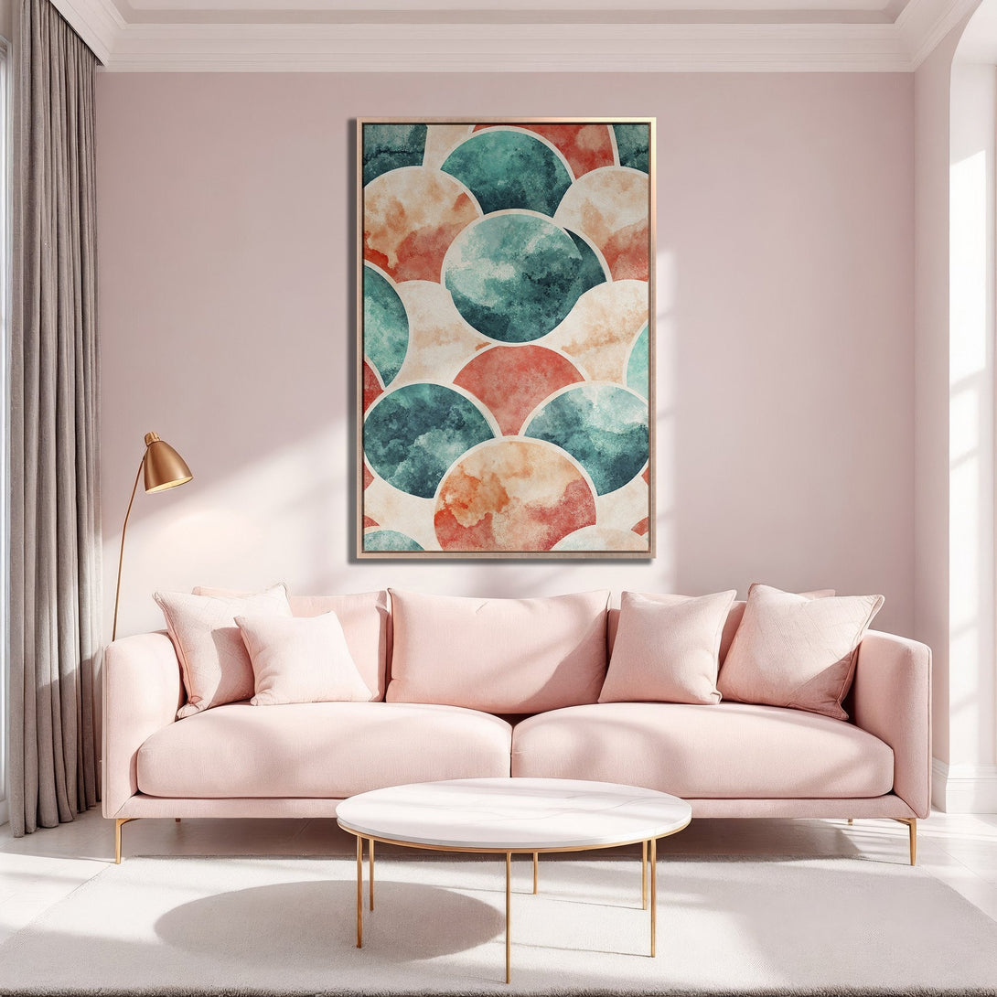 Framed Wall Art: Abstract watercolor circles in teal, coral, and peach. Modern art canvas print adds a pop of color to a blush pink living room.
