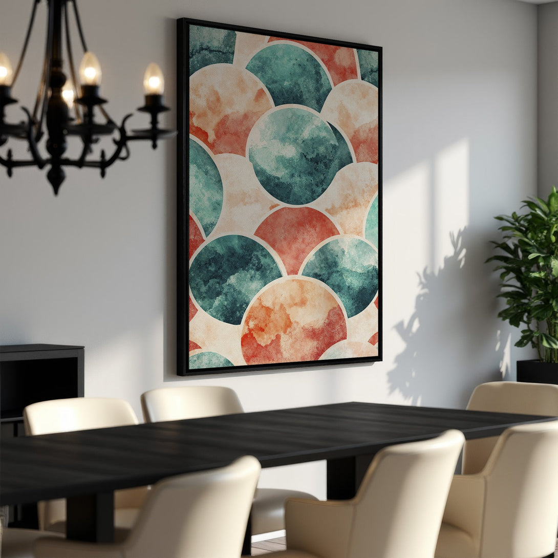 Framed Wall Art: Abstract watercolor circle design in teal, coral, and beige. Modern art canvas print for dining room decor.