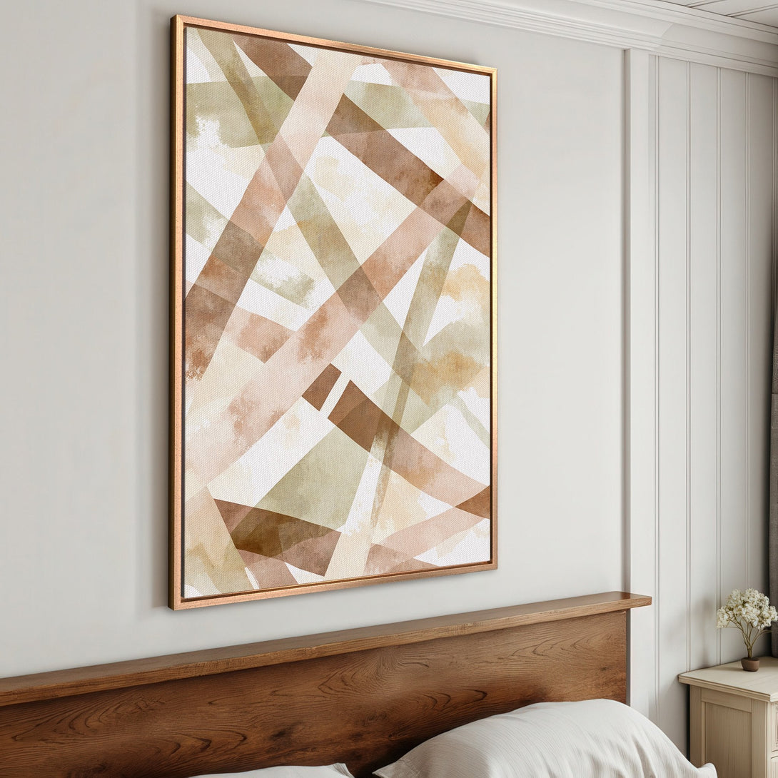 Framed Wall Art: Abstract geometric art in neutral earth tones. Modern canvas print for bedroom or living room decor.