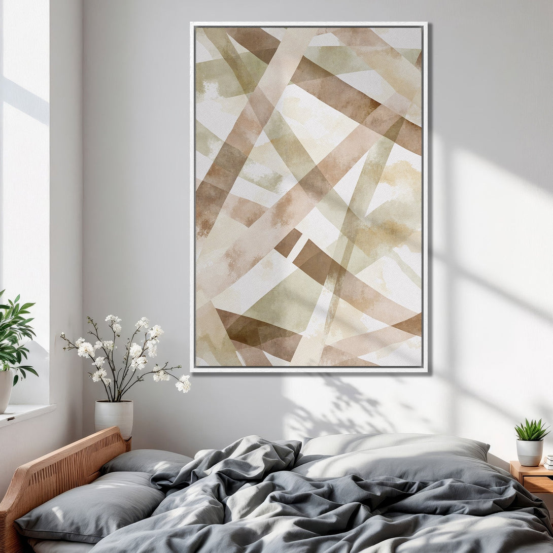 Framed Wall Art featuring an abstract geometric design in neutral earth tones, perfect for adding a touch of modern elegance to any bedroom.