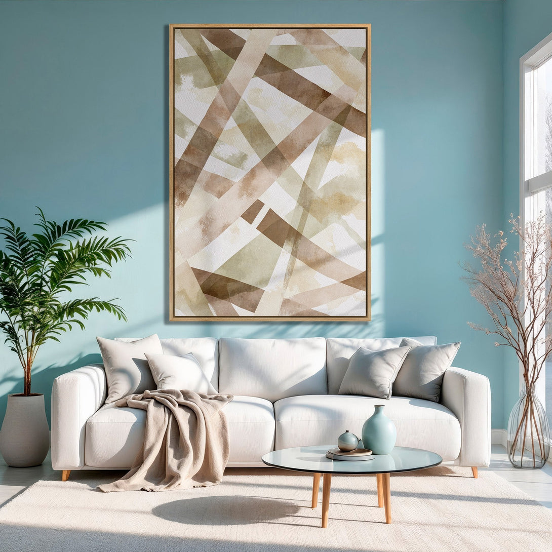 Framed Wall Art: Abstract watercolor canvas print in neutral brown and beige tones. Modern art for living room decor.