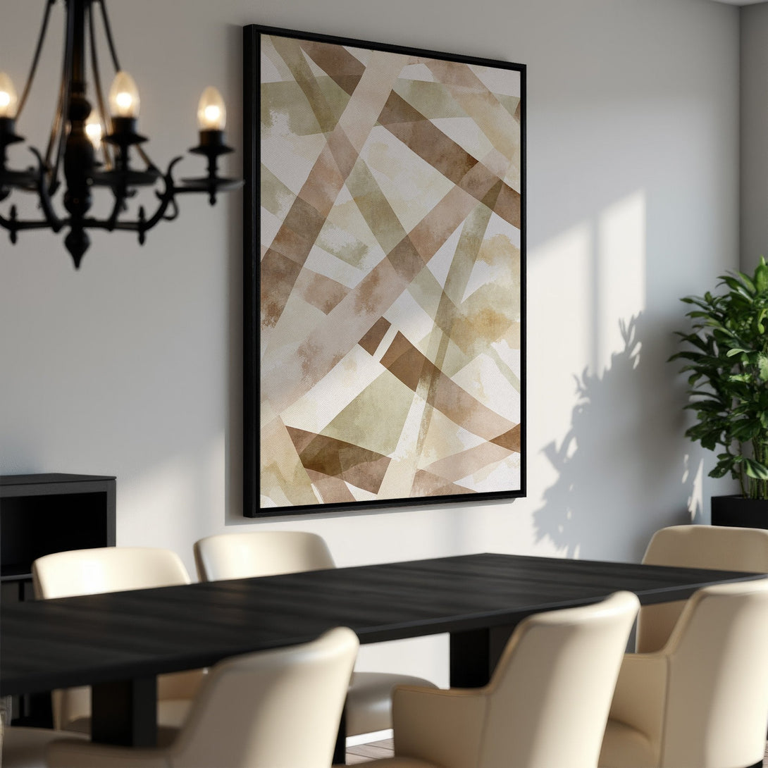 Framed Wall Art featuring an abstract watercolor design in neutral beige and brown tones, perfect for modern dining room decor.