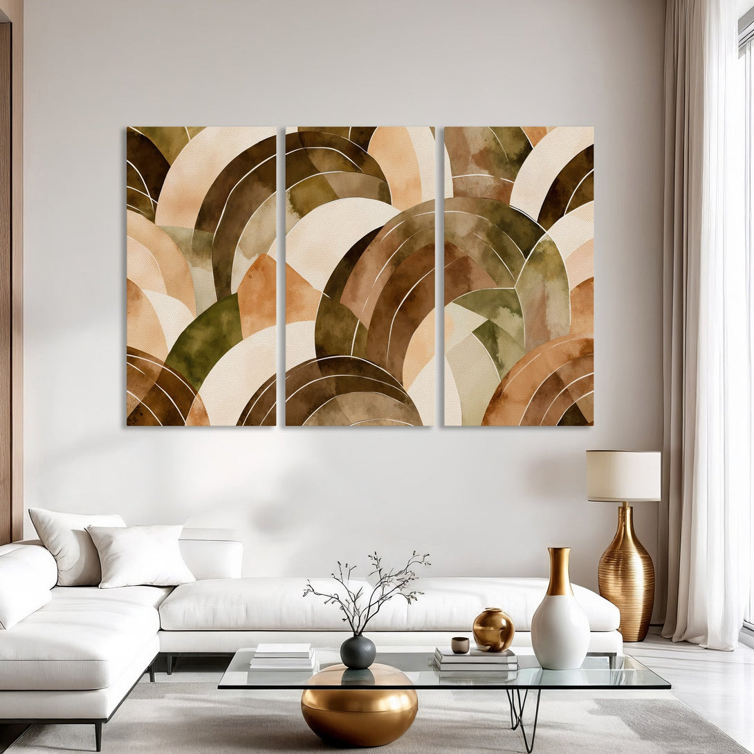 Canvas Print abstract art in earthy tones. Modern watercolor style with warm browns, greens, and beige. Perfect for living room decor.