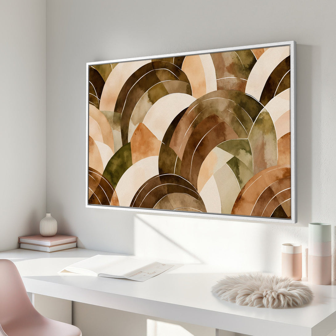 Framed Wall Art: Abstract watercolor art in earthy tones. Modern canvas print with a warm, neutral color palette, perfect for any interior design style.