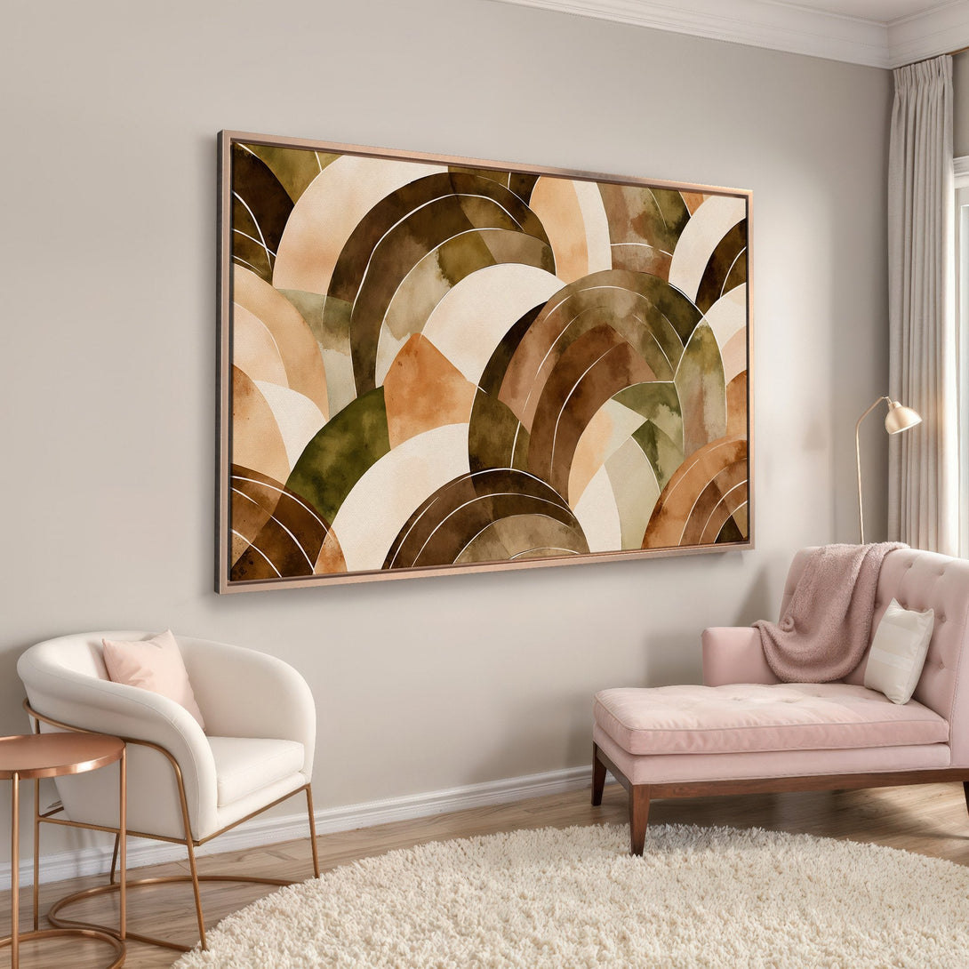 Framed Wall Art featuring abstract watercolor arches in earthy tones. Perfect for adding a touch of modern elegance to your living room.