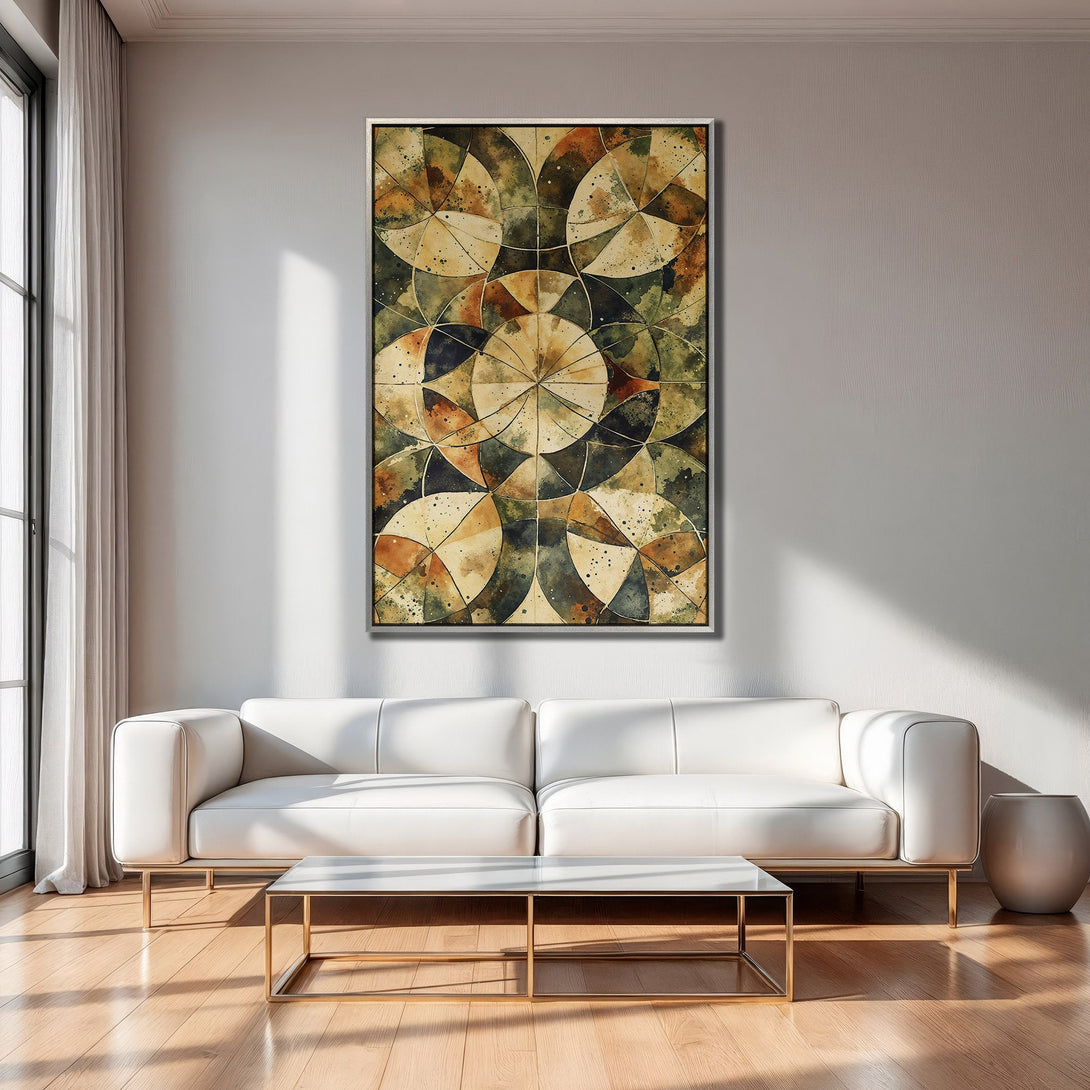 Framed Wall Art: Abstract geometric design in earthy tones. Modern art canvas print adds warmth and style to any living room. Shop now!