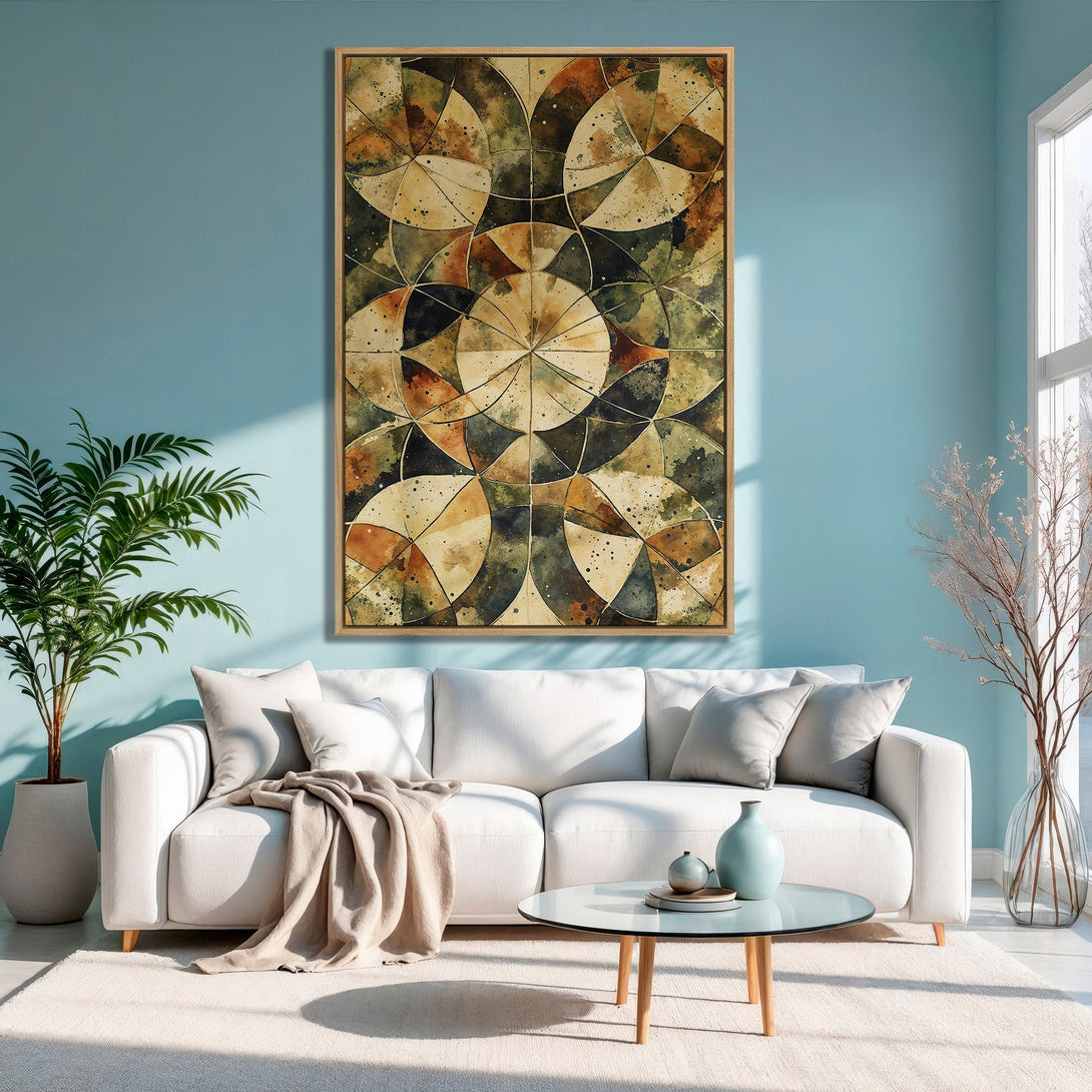 Framed Wall Art: Abstract geometric design in earthy tones. Modern canvas print adds a touch of elegance to any living room. Warm color palette.