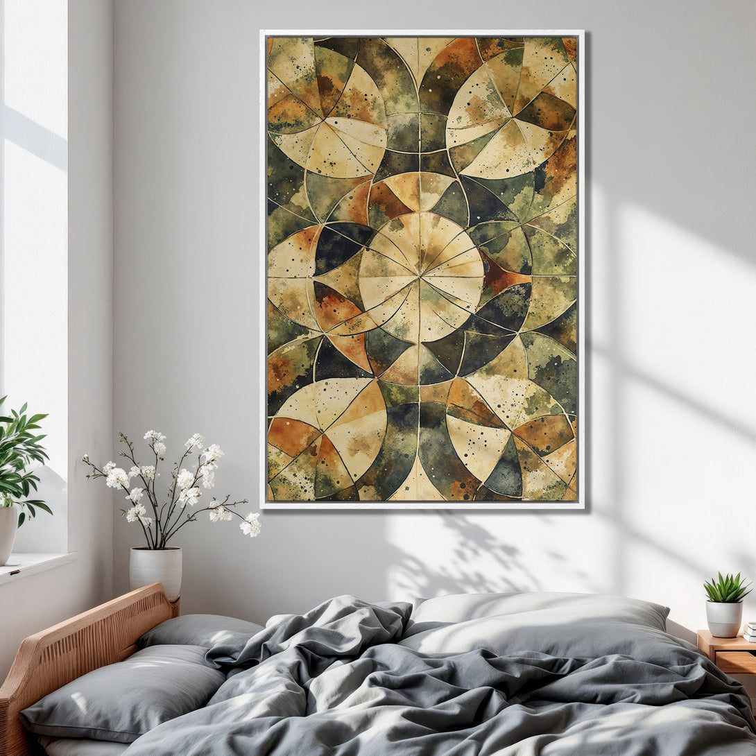 Framed Wall Art: Abstract geometric design in warm earth tones. Modern canvas print adds a touch of elegance to any bedroom decor.