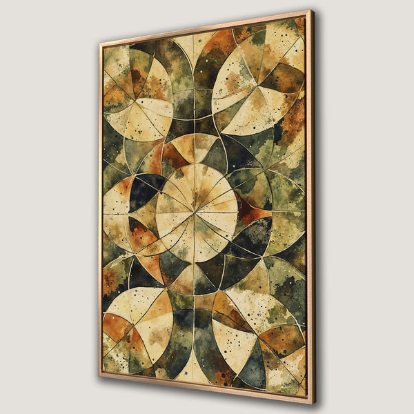 Framed Wall Art Canvas Print featuring an abstract geometric design in watercolor style with earthy tones of green, brown, and beige.