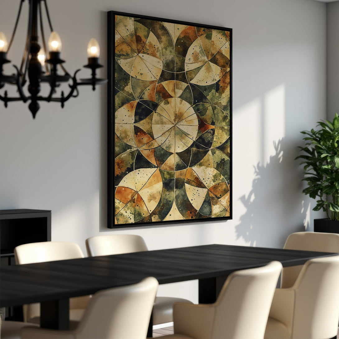 Framed Wall Art featuring an abstract geometric design in earthy tones. Enhance your dining room with this stylish canvas print!
