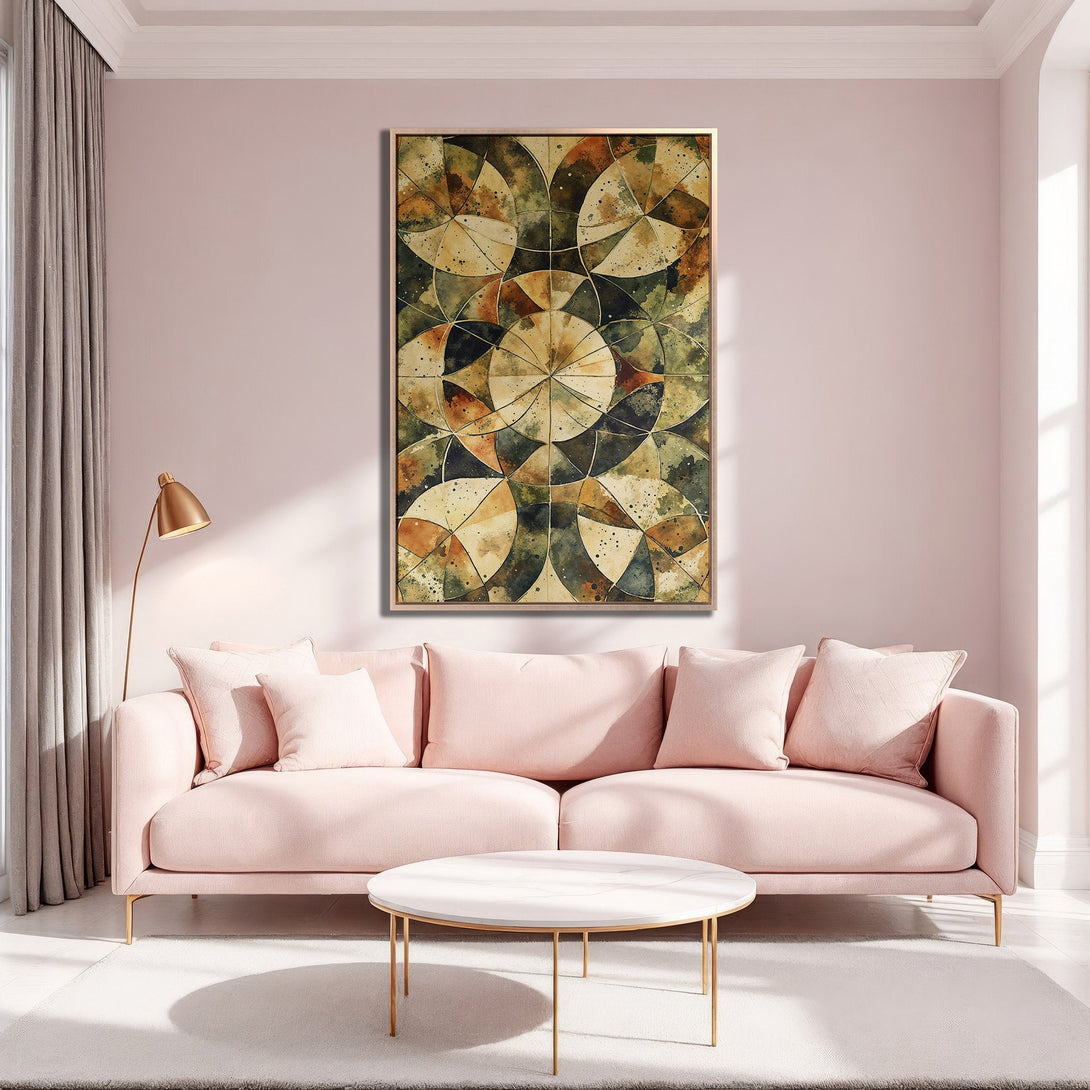 Framed Wall Art: Abstract geometric design in warm earth tones. Perfect for modern living rooms. Adds a touch of elegance to your home decor.