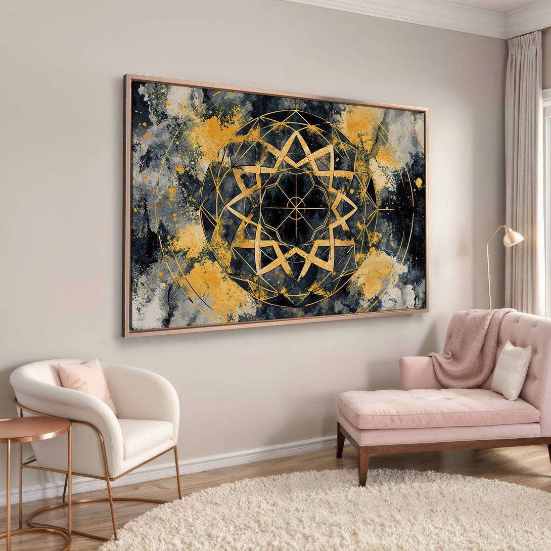 Framed Wall Art featuring a geometric abstract design in gold, black, and yellow, adding a touch of modern elegance to any interior.