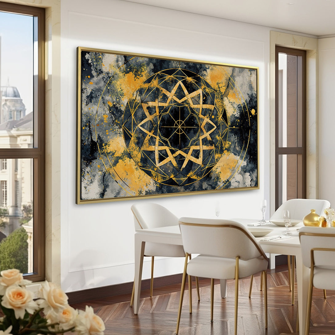Canvas Print featuring abstract geometric art in gold, black, and gray. Modern wall art for home or office decor, shown in a stylish interior.