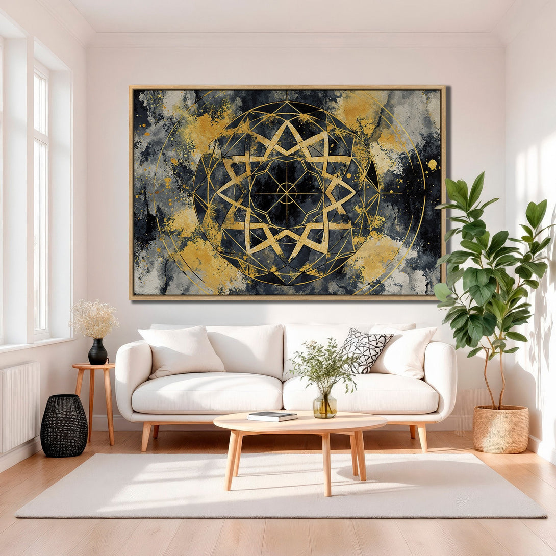 Framed Wall Art featuring a geometric gold design on a dark, abstract background. Modern Canvas Print with a striking black, gold, and gray color palette.