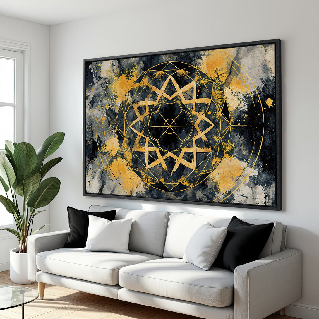 Framed Wall Art: Abstract geometric design in gold, black, and gray. Modern canvas print adds a stylish touch to any interior. Shop now!