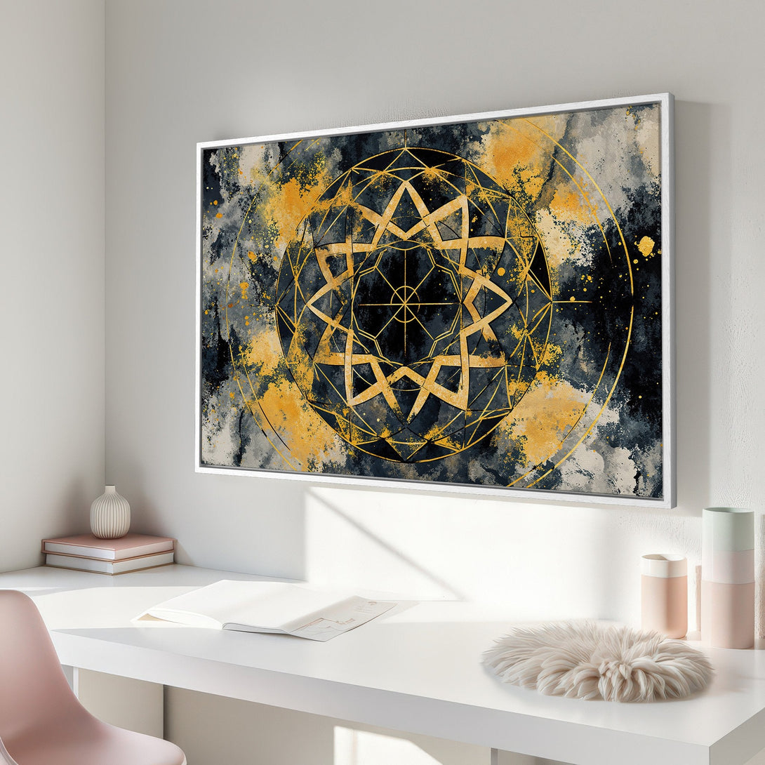 Framed Wall Art featuring a gold geometric design on a dark blue and yellow abstract background. Modern art perfect for any interior.