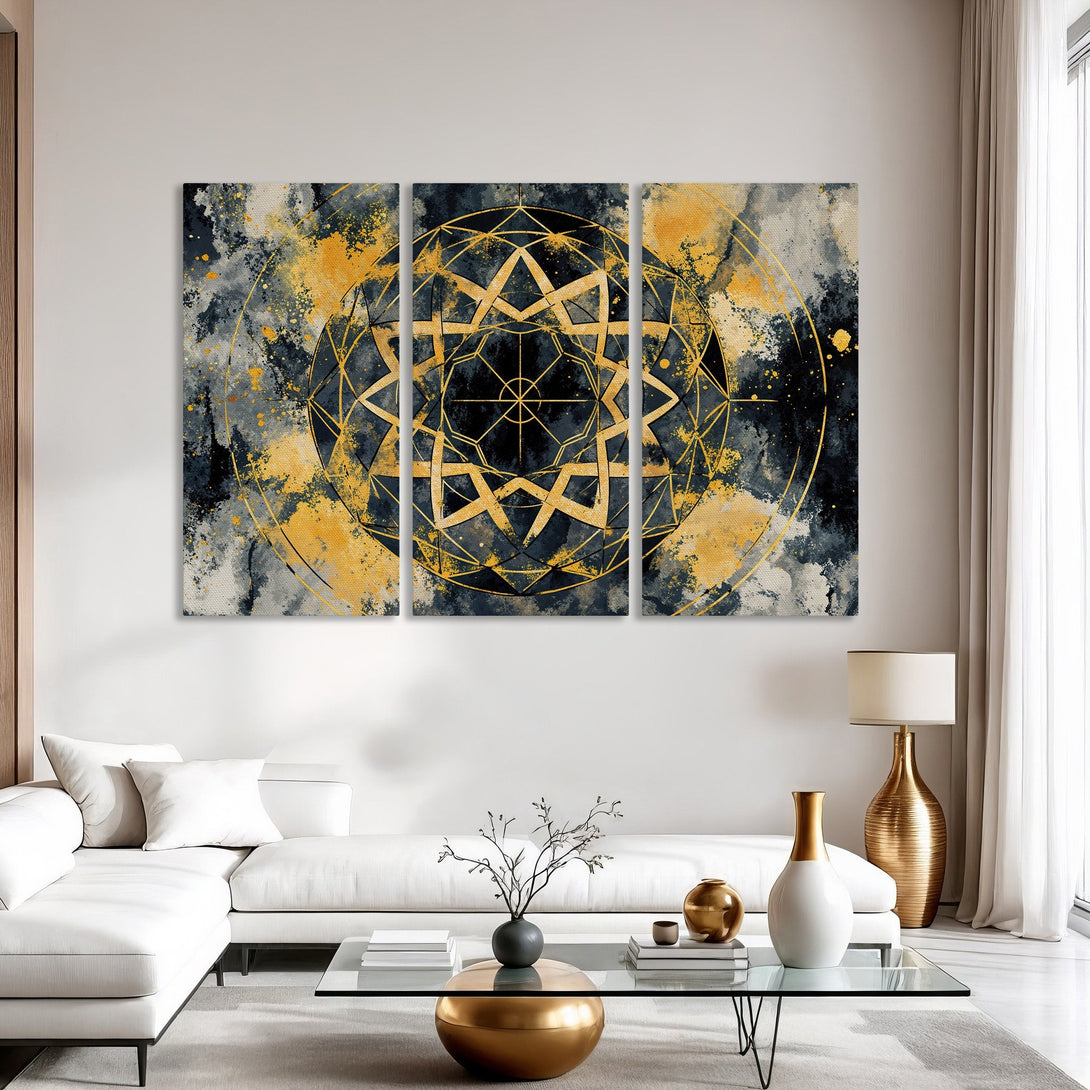 Abstract Canvas Print featuring a gold geometric design on a navy and gold watercolor background. Modern art for stylish home decor.